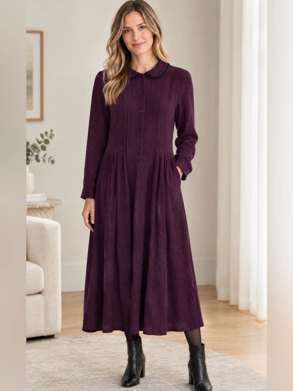 VTG Susan Bristol Plum Purple Pleated Midi Dress Cottagecore Modest